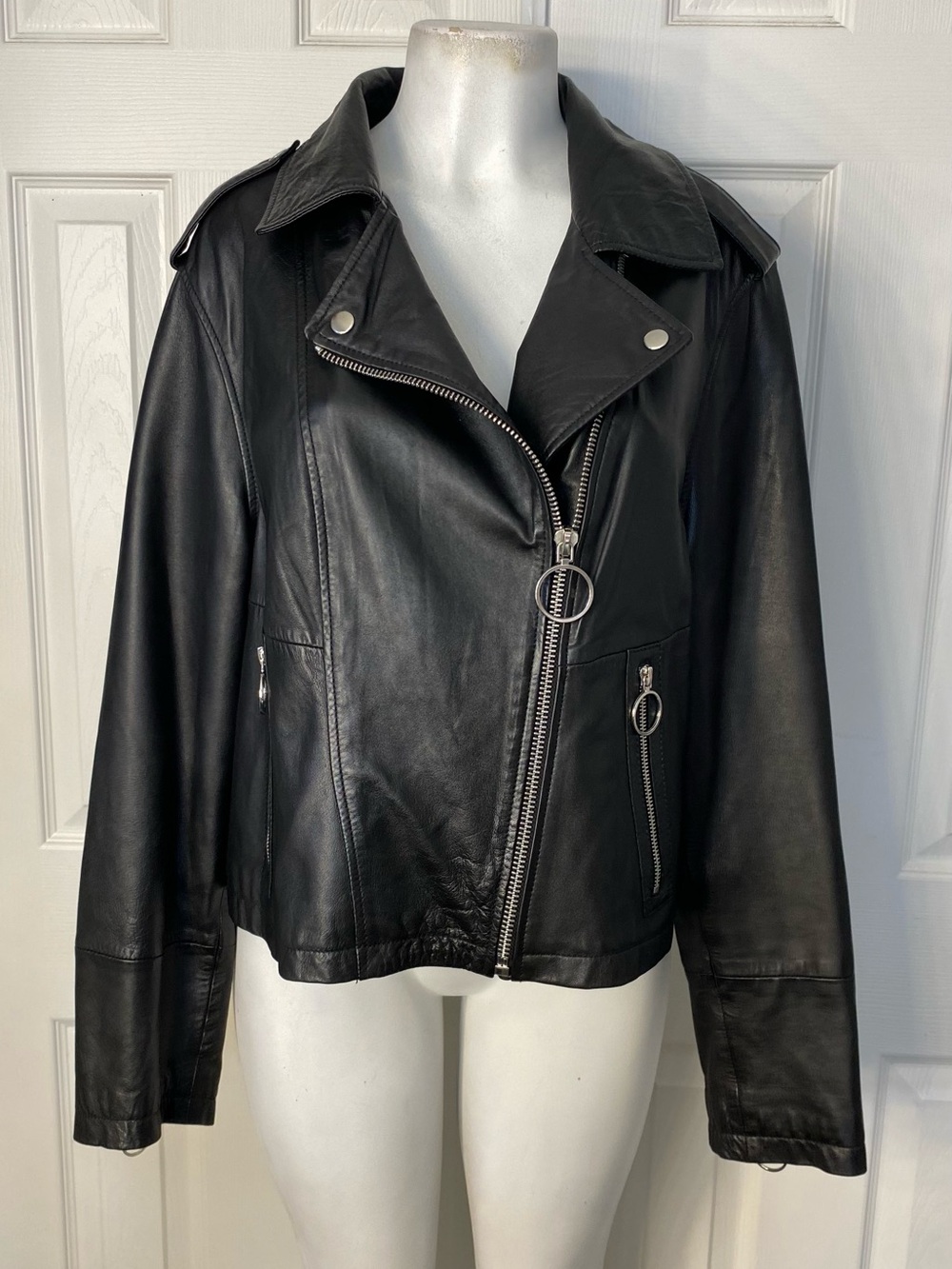 💯Sheep skin  Asymmetric Biker Jacket with Ring Zips